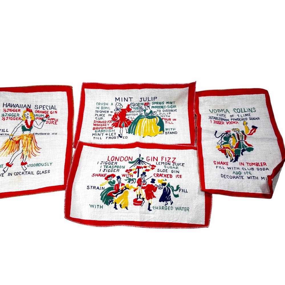 Vintage Mid Century Cocktail Napkins Set of 4 Drink Recipes Tiki Barware Red
